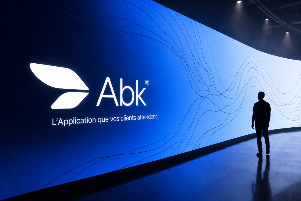 ABK display wall in a showroom with the tagline The application your customers are waiting for